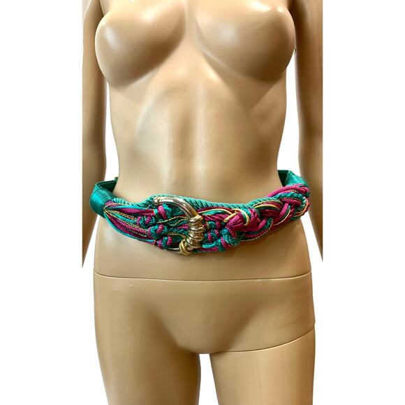 80s Boho Gypsy Teal Fuchsia and Gold Cord Knot Obi Belt - Picture 5 of 8
